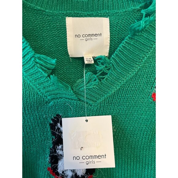 Girls Green Distressed Sweater – Dog Face Pattern w Jingle Bells – Size L - Picture 3 of 5